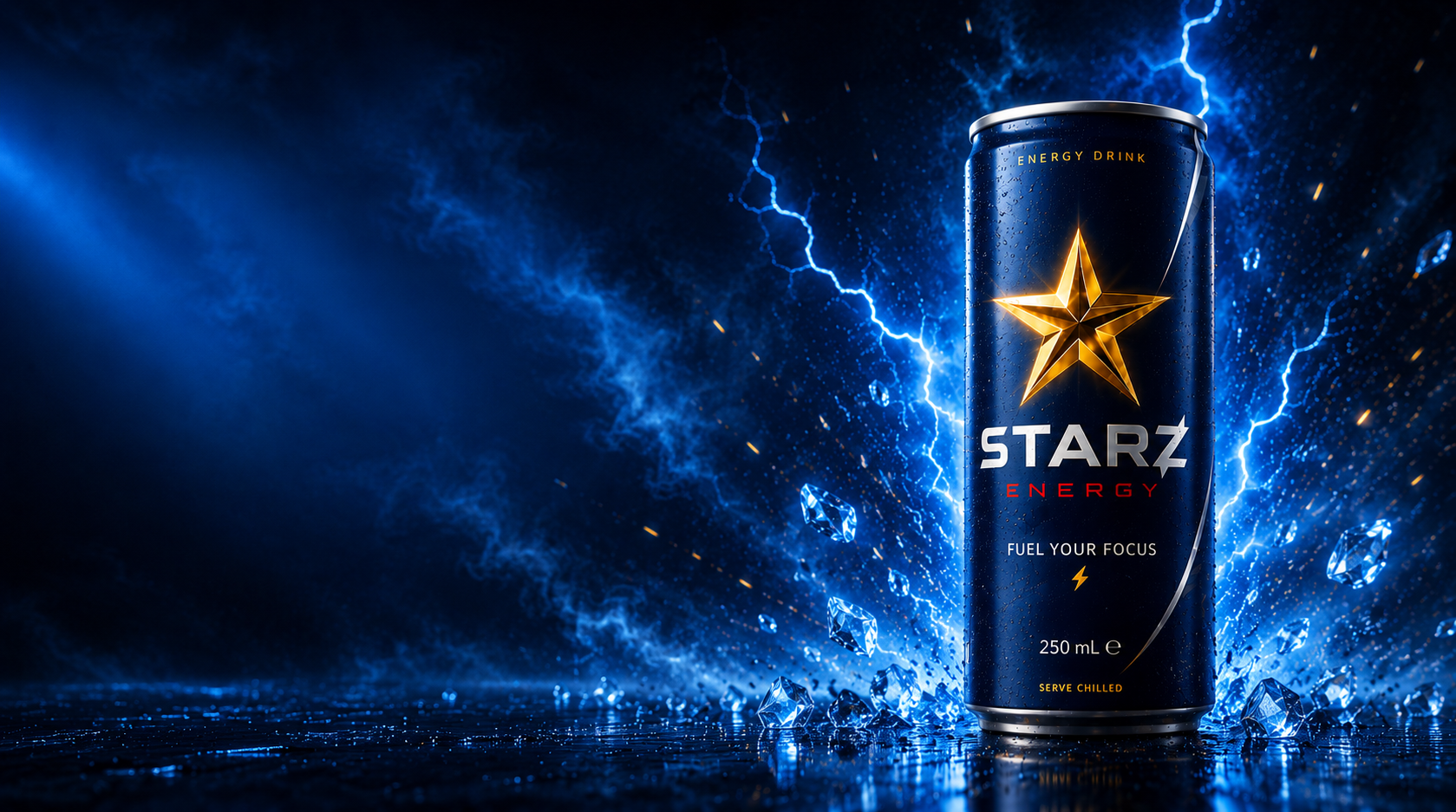 STARZ Energy can with ice shards and golden sparks